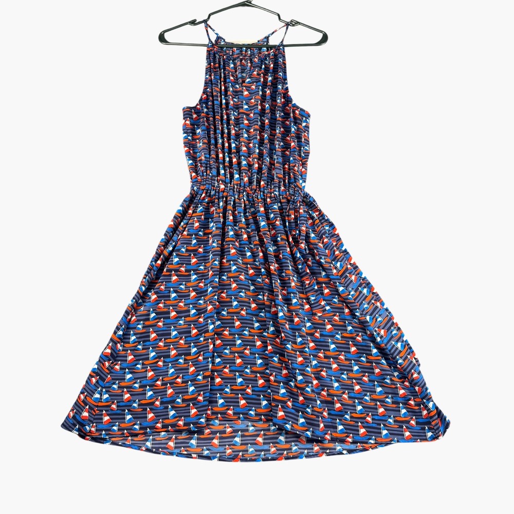 41 Hawthorn Navy Blue Sailboat Print Halter Neck Elastic Waist Dress